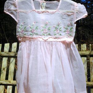 VTG Toddler Girls Petal Pink Organza Fancy Party Dress Rose Embroidery 12-18M